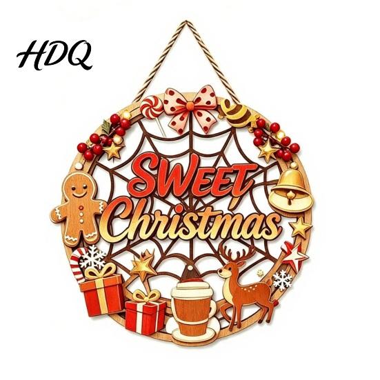 Snowman Gift Theme Decoration Christmas Door Sign Double Sided Hanging Wooden Plaque for Front Door Decor Rustic Holiday Wall Indoor Outdoor