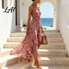 Soft Texture Dress Floral Chiffon for Women Halter Sleeveless Ruched Maxi Spring Daily Wear Dress Turtle Neck Wedding Guest Cocktail Evening