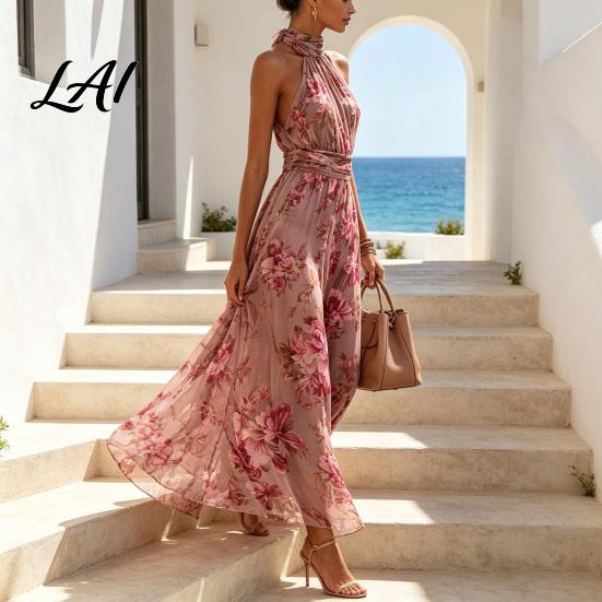 Soft Texture Dress Floral Chiffon for Women Halter Sleeveless Ruched Maxi Spring Daily Wear Dress Turtle Neck Wedding Guest Cocktail Evening