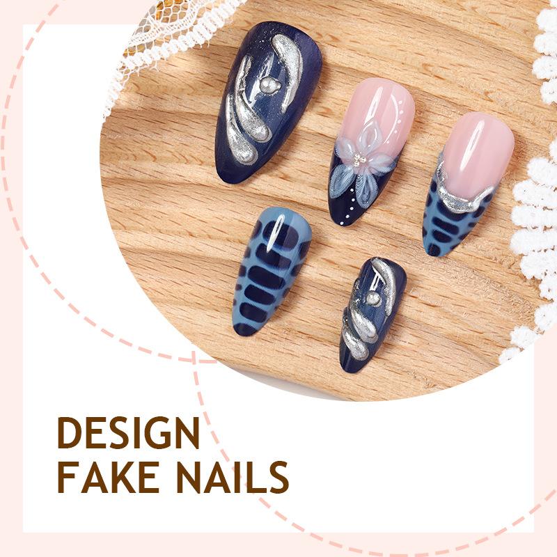 Heavy metal three-dimensional wearing nail pure handmade almond fake nail blue French gradual change nail art wholesale