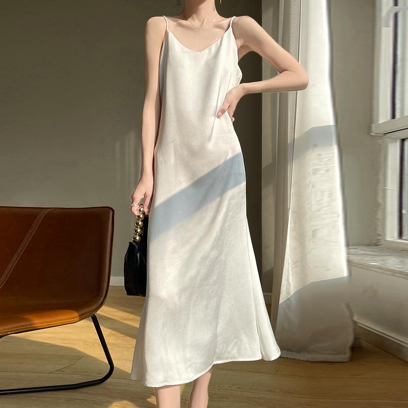 Summer New Style Women's Mulberry Silk Blended Dress Female Slim Waist Medium and Long Commuting Temperament Fashion Breathable Daily Dress