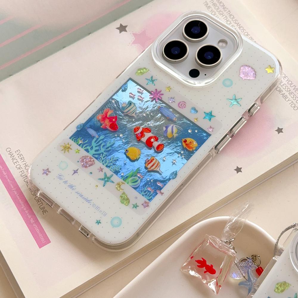 Capa de Celular Fofa Coreana Peixe Carpa Vermelha Oceano Azul para IPhone 14 15 16 17 Pro Max 13 15pro Capa Macia à Prova de Choque para Capa de Iphone 16