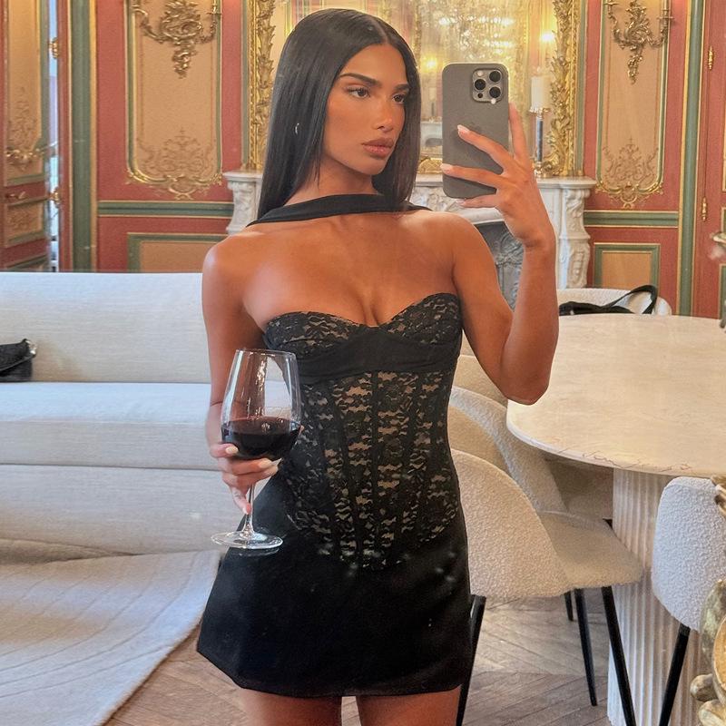 

Европейская и американская женская сексуальная майка-бандо с косточками, облегающая, с кружевной аппликацией, весна/лето M чёрный