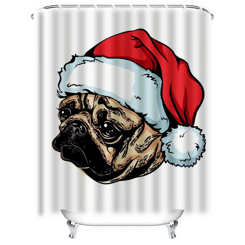 TU Cute Bulldog Christmas Shower Curtain Festive Holiday Decor Bathroom Set Waterproof Fabric Print Holiday Gift for Dog Lovers