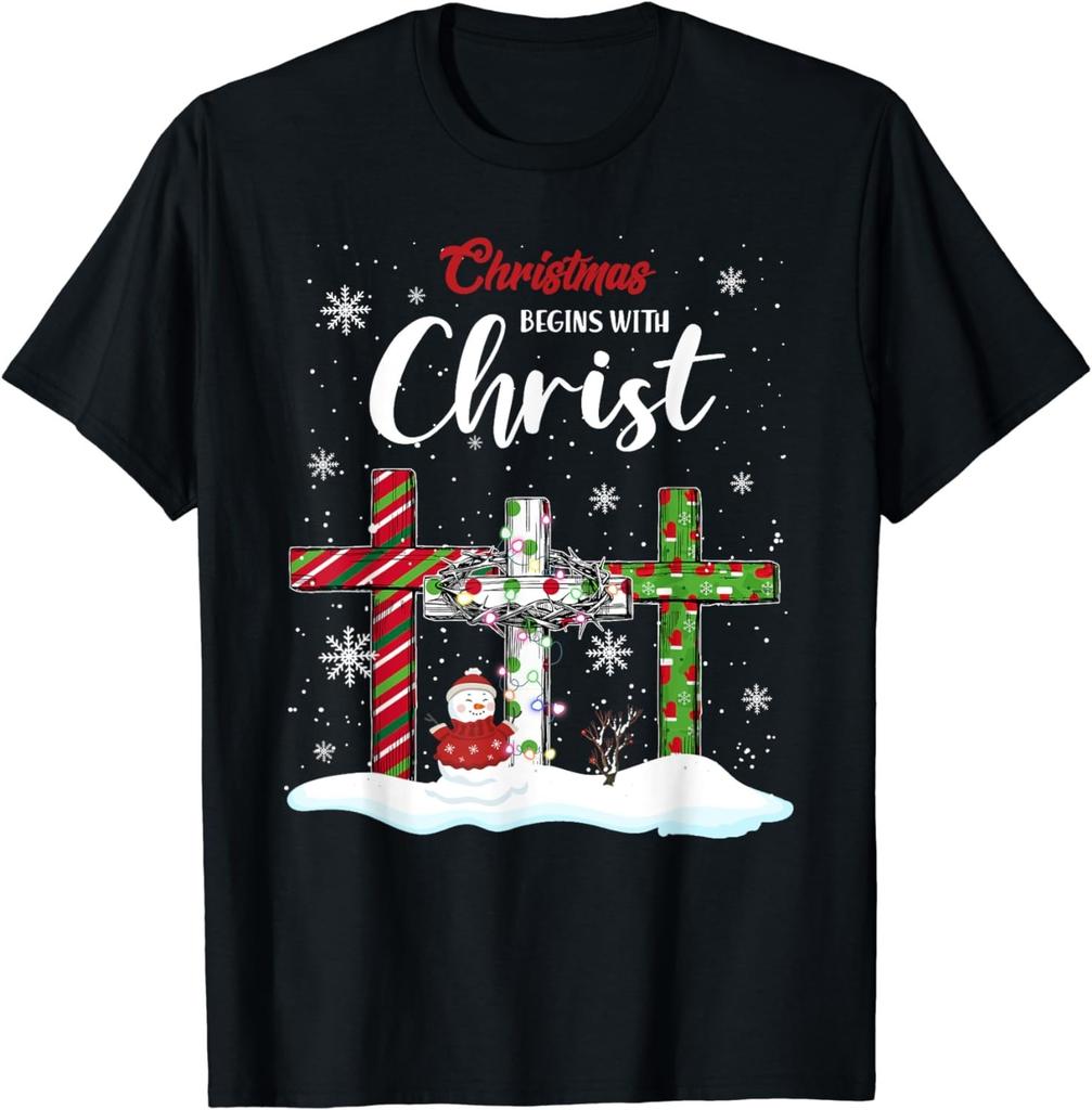 NEW Christmas Begins With Christ Snowman Christian Cross T-Shirt
