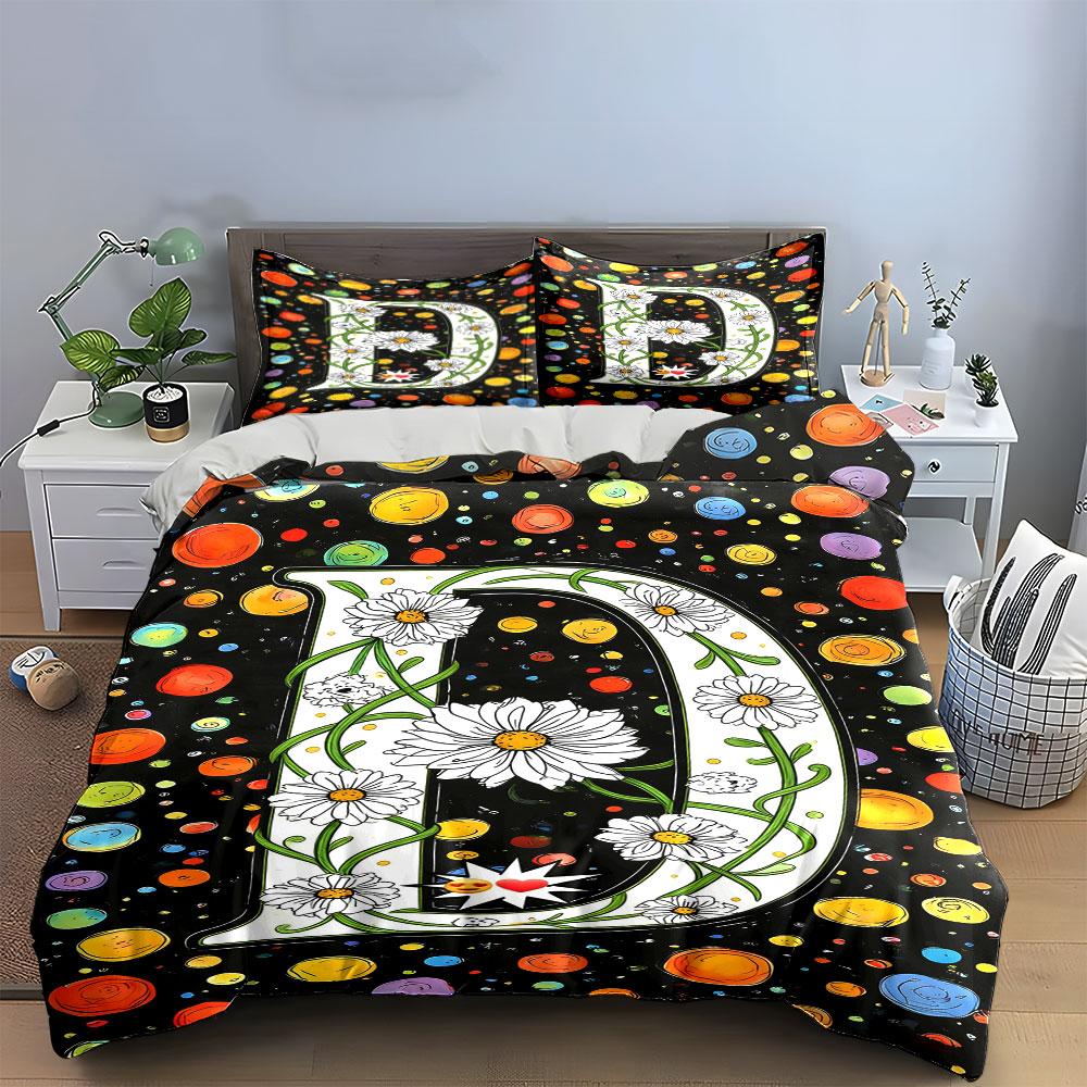 Daisies, letter "D," colorful circles. Bedding sets Duvet cover sets Duvet covers Pillowcases(1 * Duvet Cover 2 * Pillowcases without duvet insert)