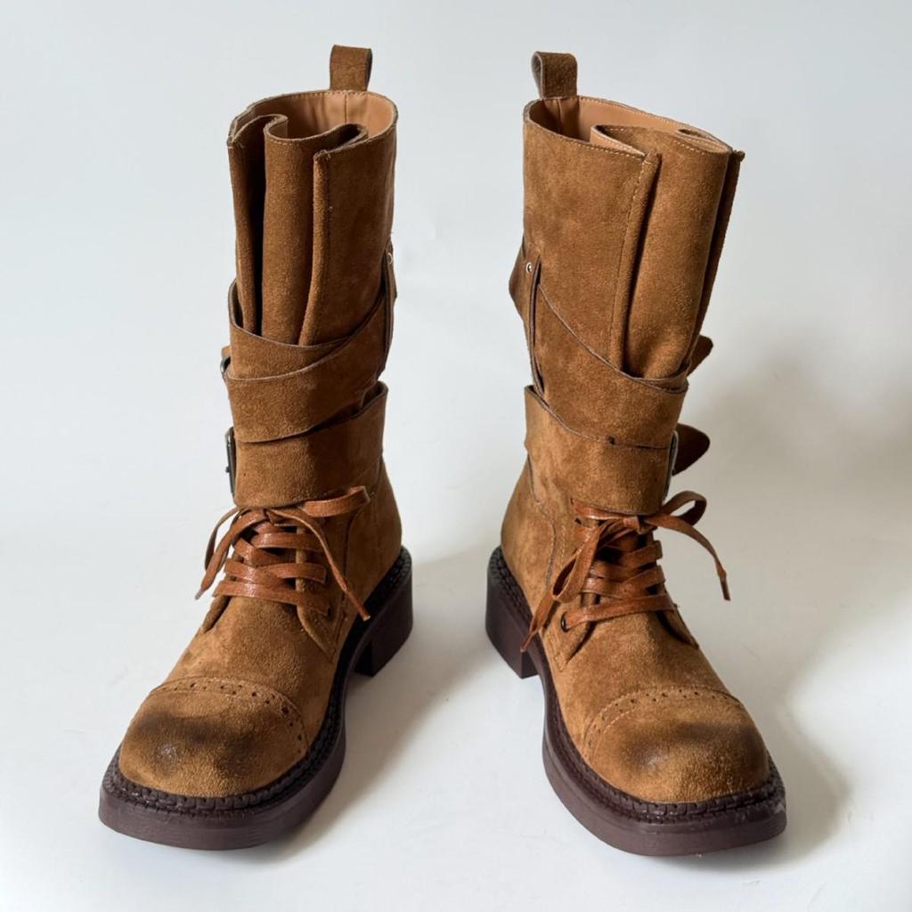 Damen 2025 Retro Schnür-Martin-Stiefel - Dicke Sohle Gürtelschnalle Mid-Calf Motorradstil