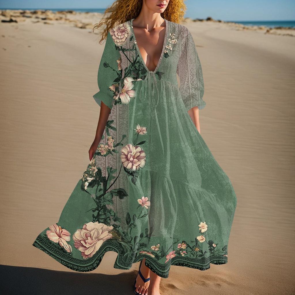 Women's Summer Fashion V-neck Retro Floral Print Short Sleeved Beach Dress With Lace Patchwork Dress