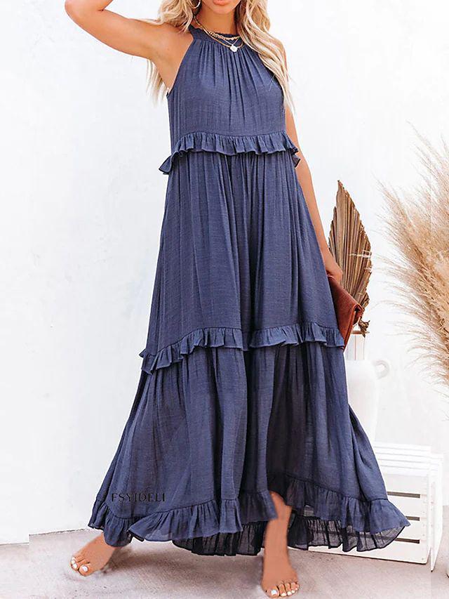 European and American 2025 Summer Ruffle Long Dress - Women's Flowing Holiday Beach Style
