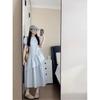 Gentle wind blue bubble sleeve dress women's summer new drawstring waist medium and long cake dress