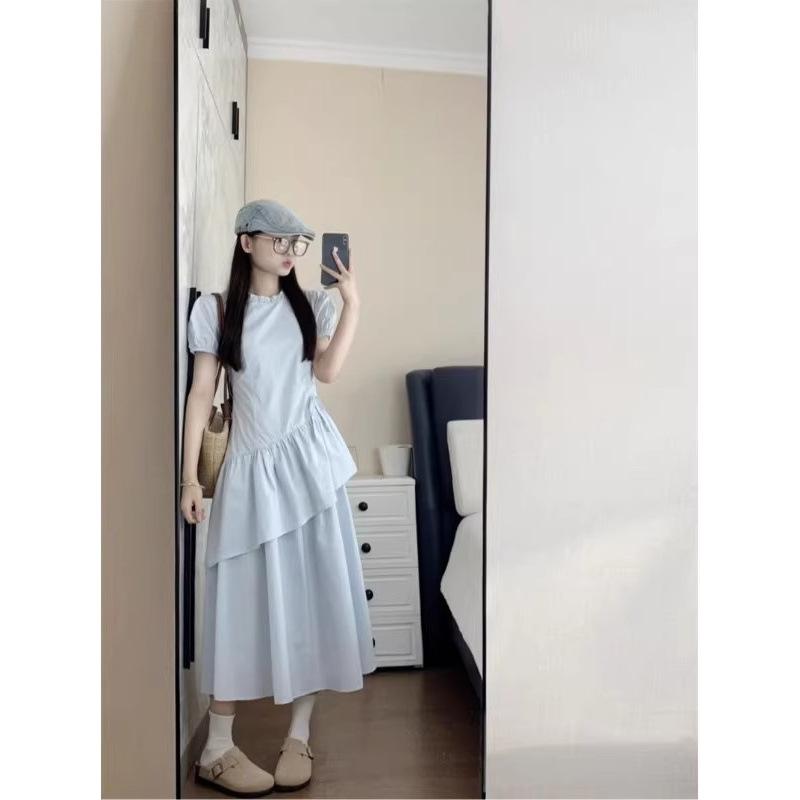 Gentle wind blue bubble sleeve dress women's summer new drawstring waist medium and long cake dress