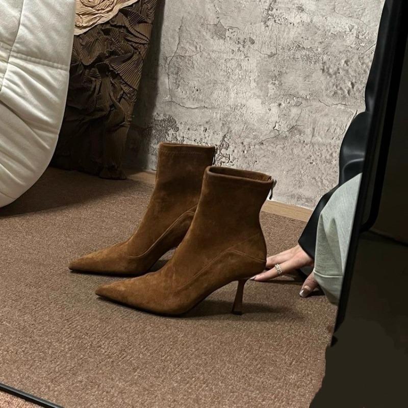 Retro Nowe Zamszowe Botki na Zamek Czubek Moda Francuski Temperament Szpiczasty Nosek Elastyczne Buty