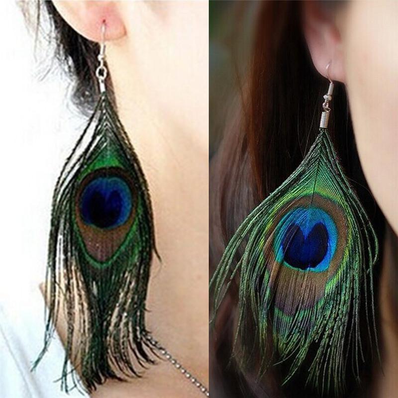 Style Assorted Color Peacock Natural Feather Earrings Drop Earrings