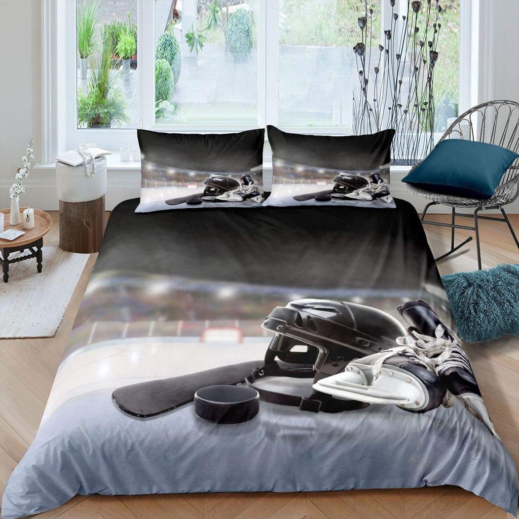 Ice Hockey Duvet Cover For Kids Boys Girls Teens Lightweight Quilt Covers Winter Sports Bedroom Decor Hockey Player Bedding Sets