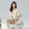 Summer comfortable crew neck pajamas for women, striped cartoon short-sleeve three-piece loungewear, in stock, direct order