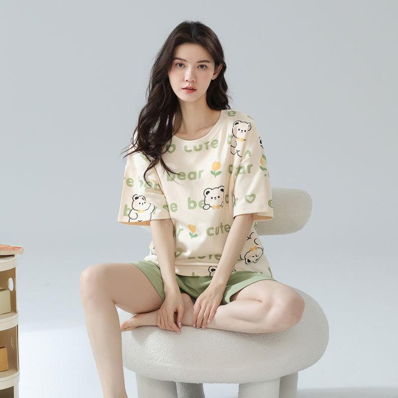 Summer comfortable crew neck pajamas for women, striped cartoon short-sleeve three-piece loungewear, in stock, direct order