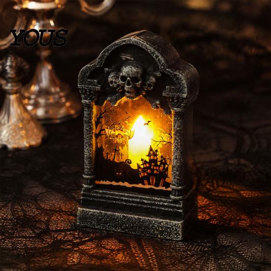 Table Bookshelf Decoration Tombstone Candle Lantern, LED Lighted Spooky Graveyard Lamp, Halloween Haunted House Props Small Night Light for