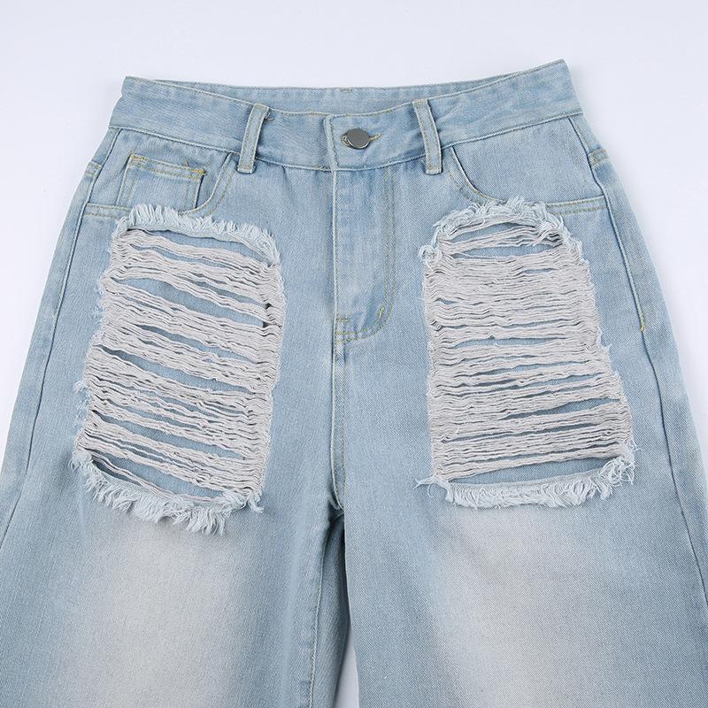 Vintage Design Sense Street Personality Solid Color Holes Casual Loose Straight Pants Low Waist Hot Girls Jeans Stitching Skinny Cool Girls Jeans