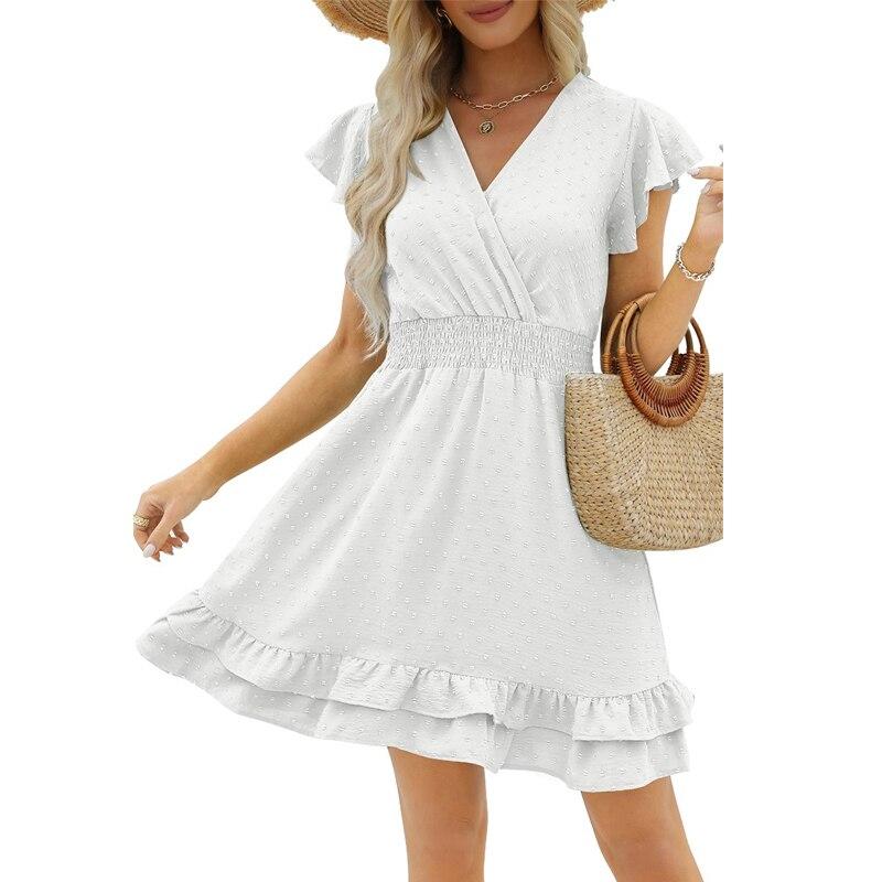 Summer  High Waist White Dress Sweet V-Neck Ruffle Short Sleeve Dot Dress Casual Cotton Linen Beach Mini Dress Vestidos 25628