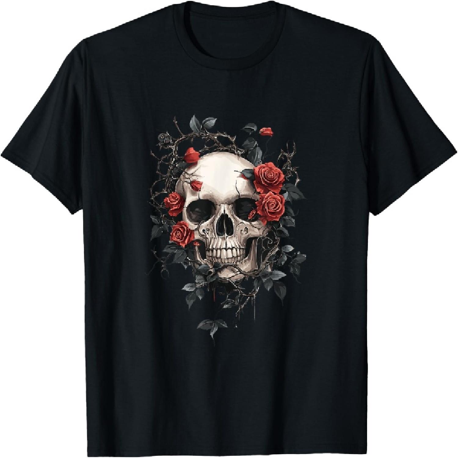 Skull with red roses and thorns - Gothic T-Shirt S