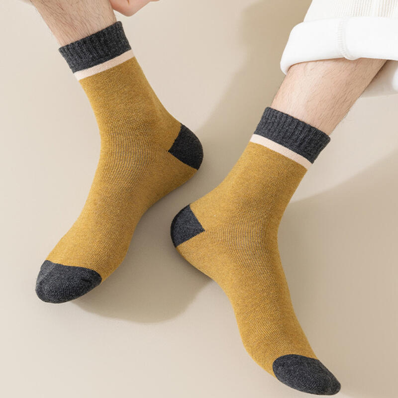 7 Pairs of Men's Winter Color Block Lined Pile Mid-Calf Socks
