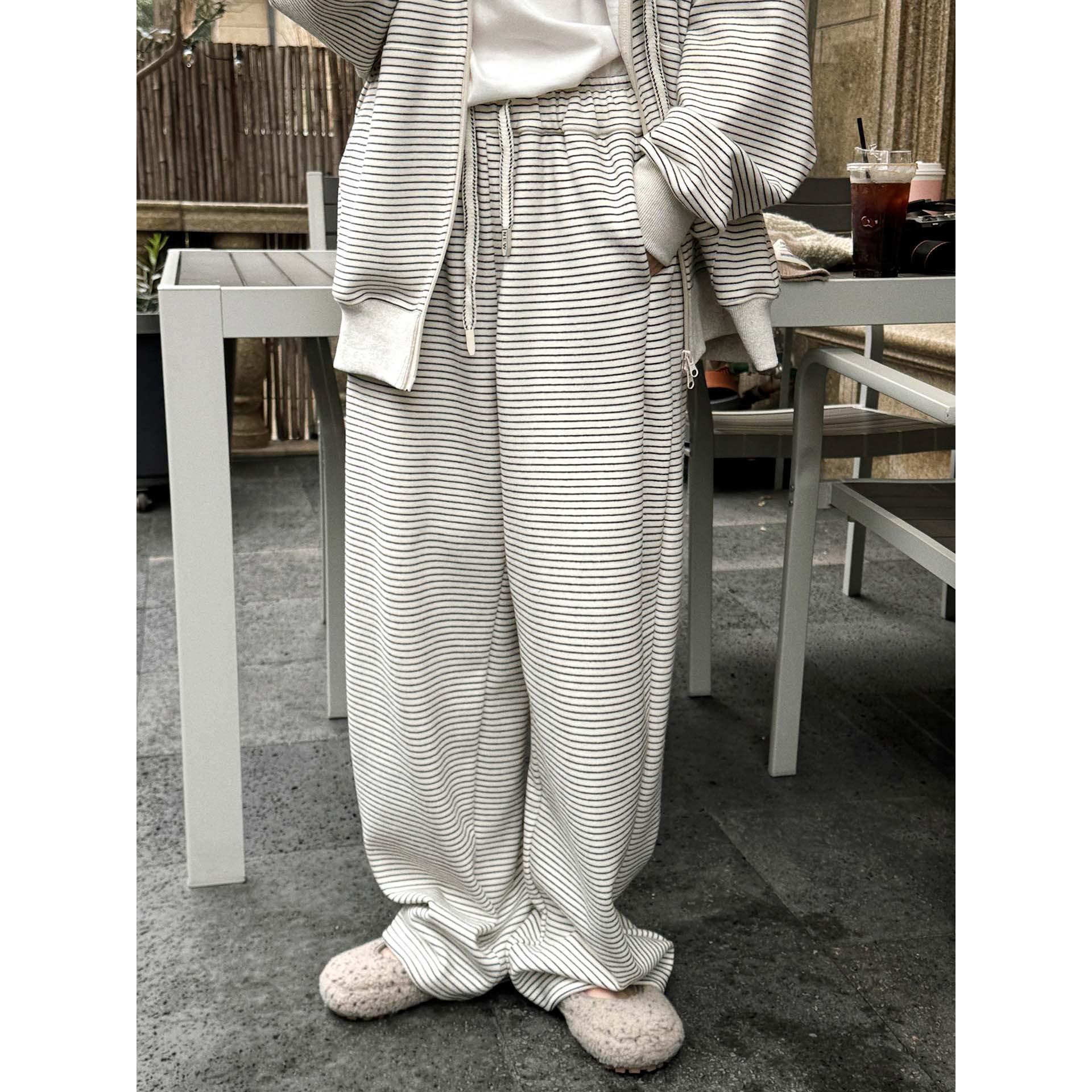 Louvre Spring Korean Retro Striped Drawstring Straight-Leg Pants for Women One Size