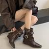 Autumn and Winter New European and American Sexy Babes White High-heeled Short Boots Belt Buckle Rivet Babes Square Trousers Boots