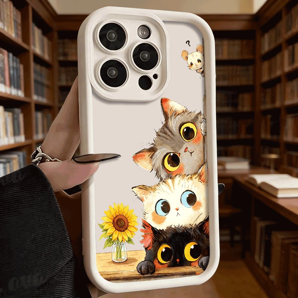 Watercolor Cats with Sunflower Phone Case for iPhone 17 16 15 14 13 12 11 Pro Max Plus Anti Scratch, Gel Flexible Protective