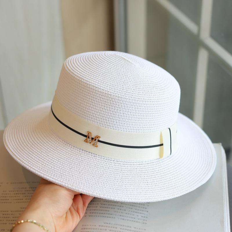 M Standard Flat Top French Retro Straw Top Hat Spring and Summer Fashion Seaside Vacation Leisure Sun Hat Women