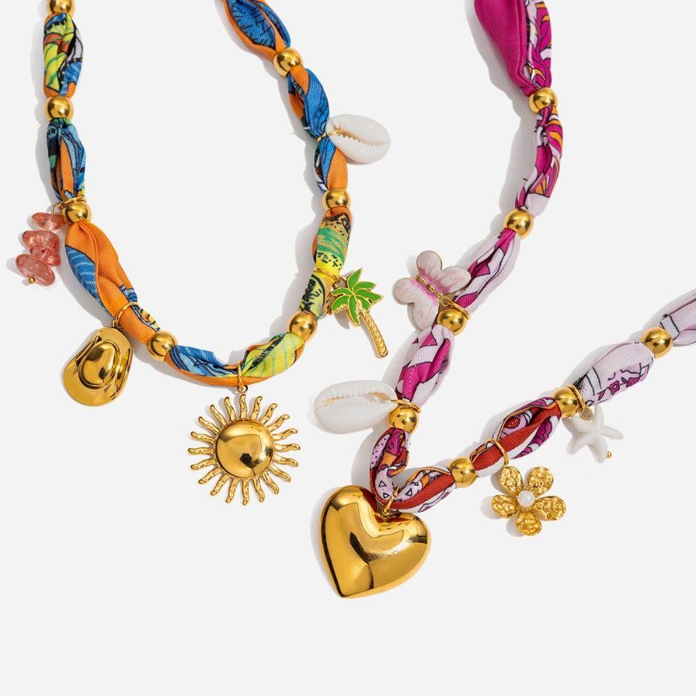 Titanium Steel Resort Style Necklace Multi-charm Ribbon Necklace Scarf Necklace  Holiday Style