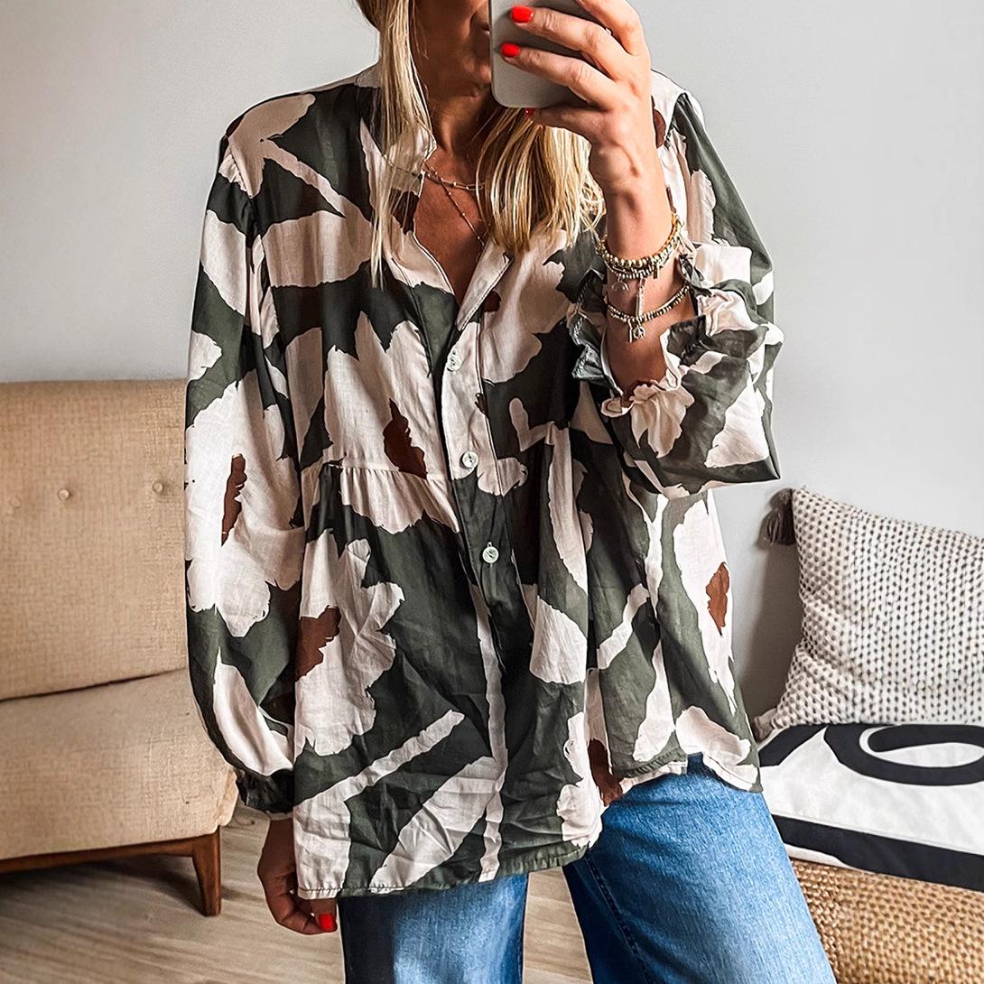 

Shiying Floral V-Neck Long Sleeve Blouse - European & American Style, Autumn Slim Fit for Women Large зелений