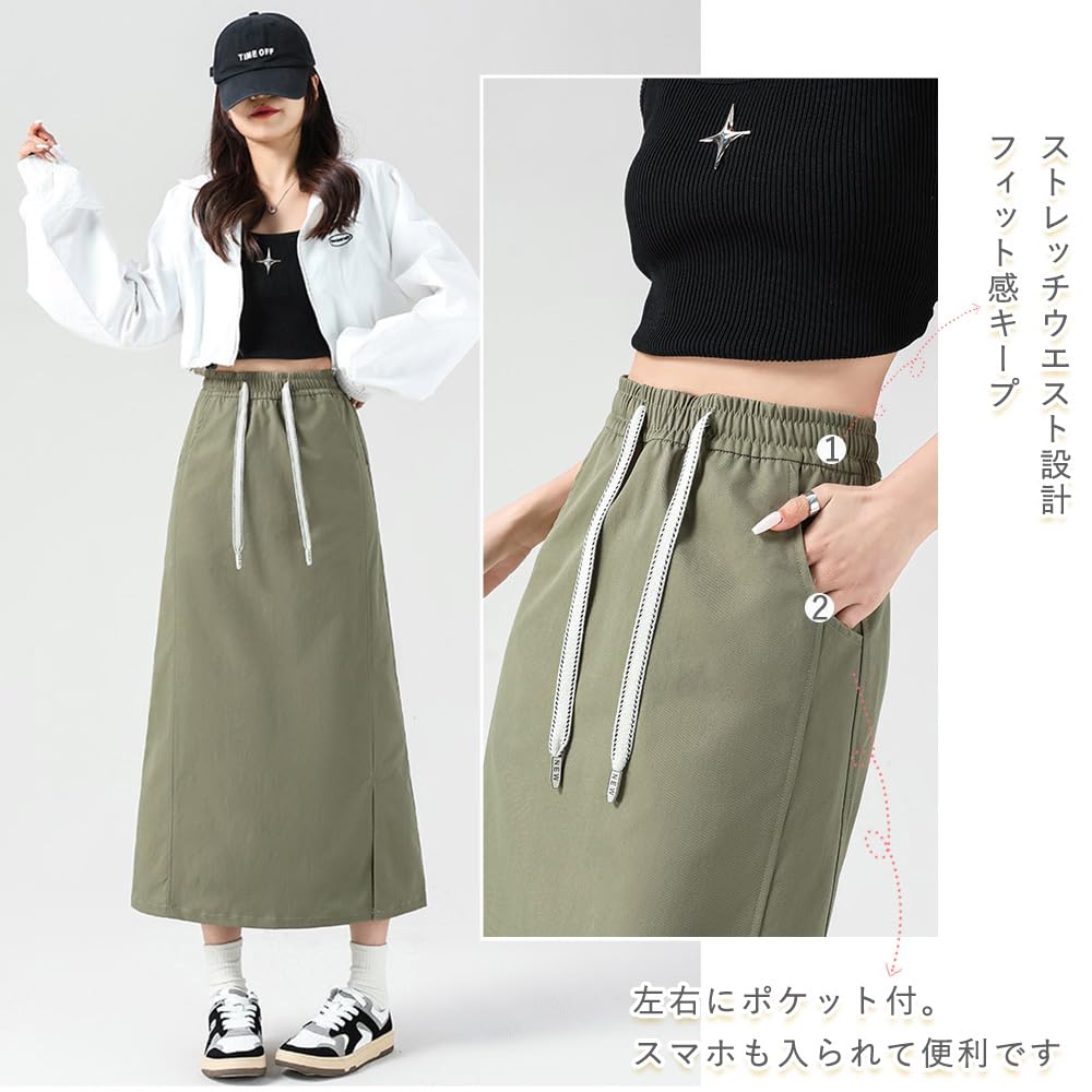 Minax Cargo Elastic Solid with Perfect for and Spring Women's Skirt, A-Line, Flattering, Long, Waist, Color, Leg-Slimming, Pockets, Outings, Summer,