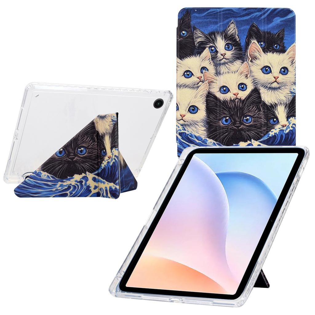 For Samsung Galaxy Tab A9+ Case Y-Fold Stand Pattern Print Leather+Clear Acrylic Tablet Cover with Pencil Holder