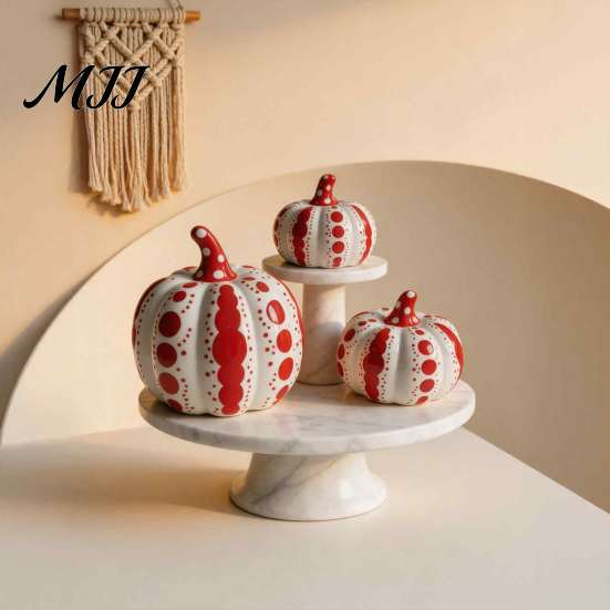 Autumn Harvest Table Centerpieces Ceramic Pumpkin Sculpture, Modern Polka Dot Figurine, Farmhouse Fall Seasonal Mantel Decor Tabletop Decoration