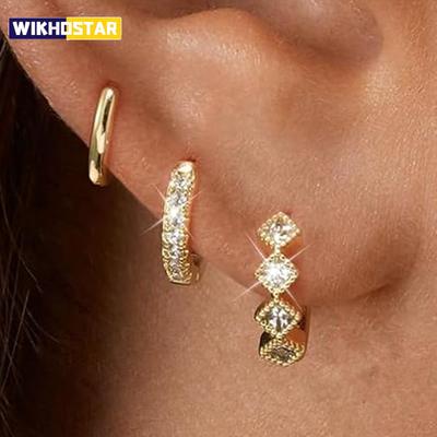 Conjunto de 3 Pares de Brincos Argola Circulares Cor Dourada em Aço Inoxidável para Mulheres Simples Brinco de Tarraxa Flor de Zircônia Joia para Piercing de Cartilagem