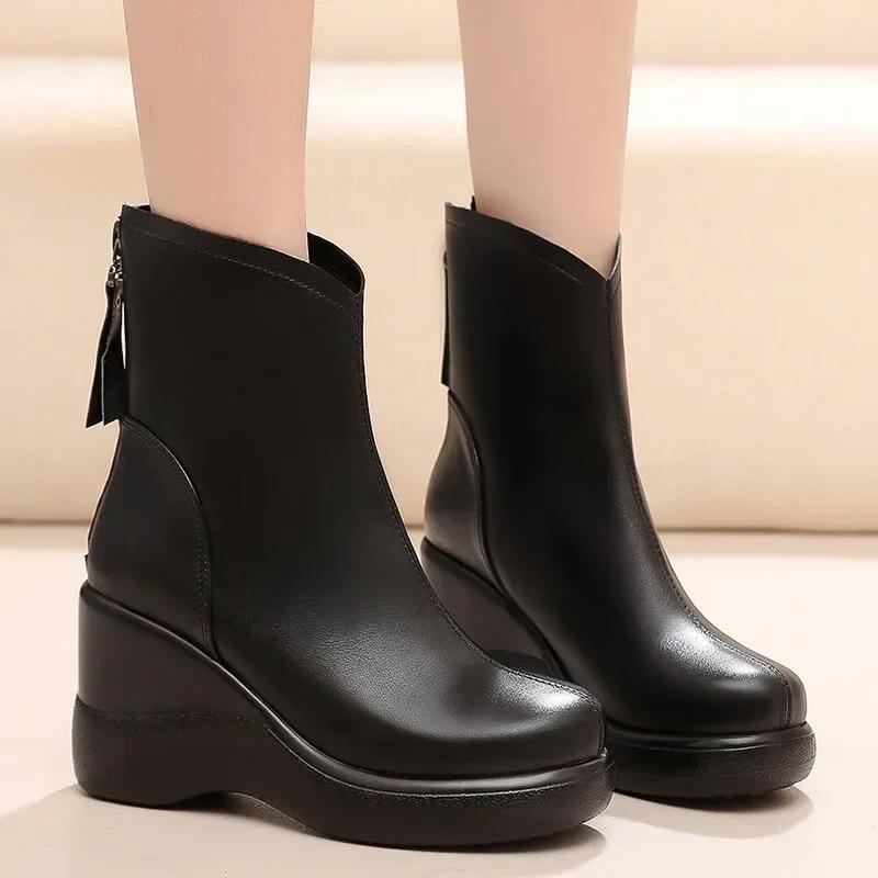 8cm Small Size 32-43 Vintage Genuine Leather Shoes Women's Ankle Boots Winter  High Heels Wedges Shoes Fur Motorcycle Boots