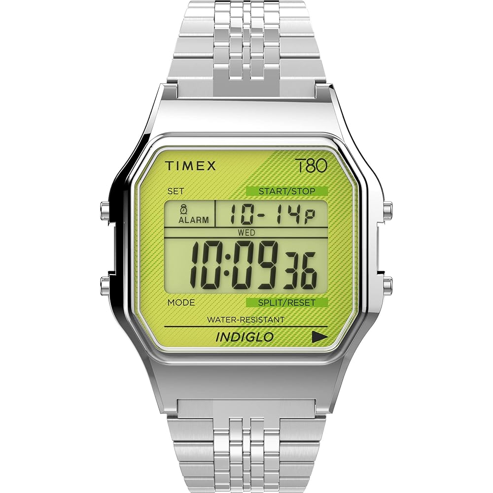 Timex T80 34mm Quartz Digital Watch Stainless Steel Green Retro Design