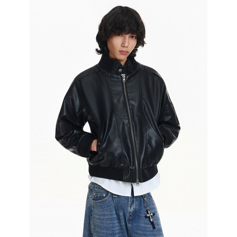 Blaexit Retro Yuppie Old Money Lychee Pattern Leather Jacket Men's Thickened Winter Quilted Short Cotton Jacket