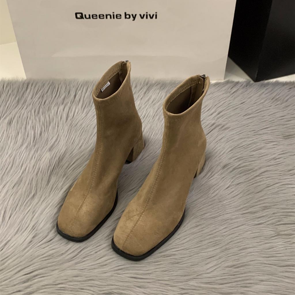 High Heel Square Head Skinny Short Boots Women's Shoes Korean Version Versatile 2025 Autumn and Winter Korean Small Ankle Boots Martin Boots