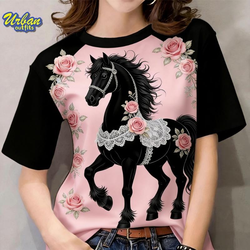 New Year's T-shirt with horse pattern print for women, 3D printed T-shirt