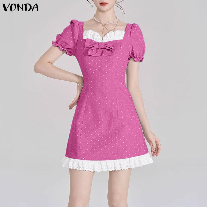 VONDA Rochie Mini Casual pentru Femei cu Gât Pătrat, Mâneci Scurte Bufante, Fundă și Buline