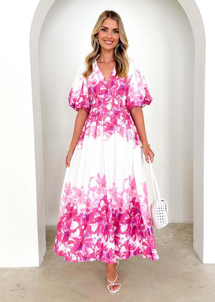 New spring and summer bubble sleeves V-neck women's clothing suspender printing fairy air medium and long temperament big pendulum dress women