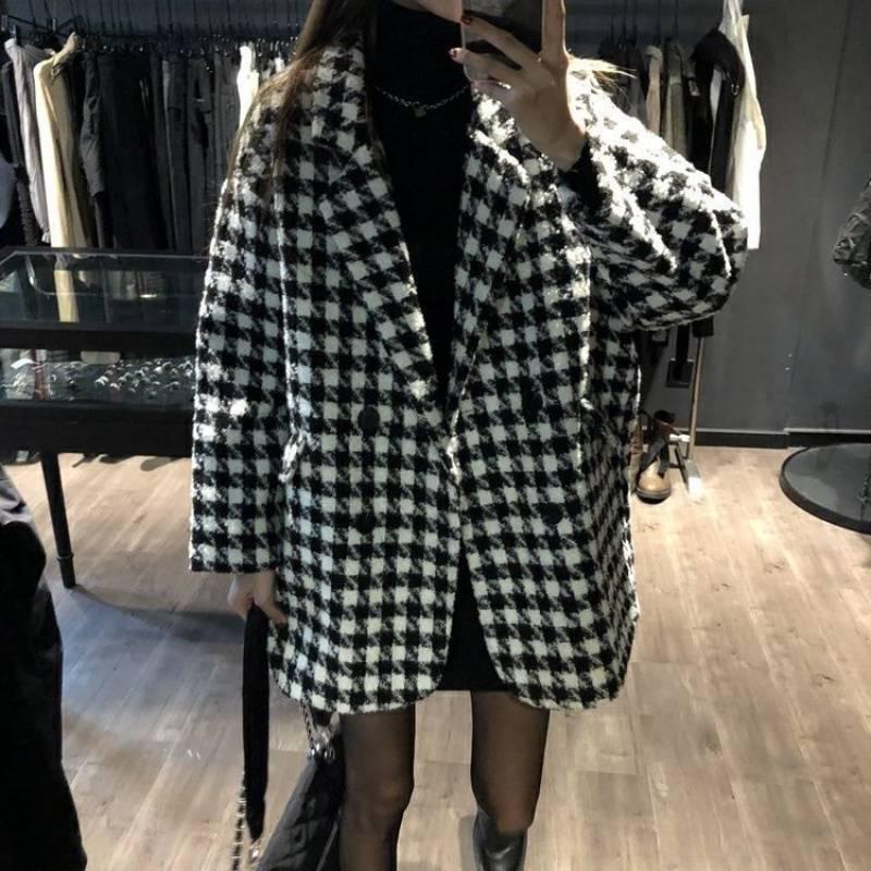 Women's Mid-Length Houndstooth Woolen Coat - Quilted, Loose Fit, Warm for Autumn and Winter