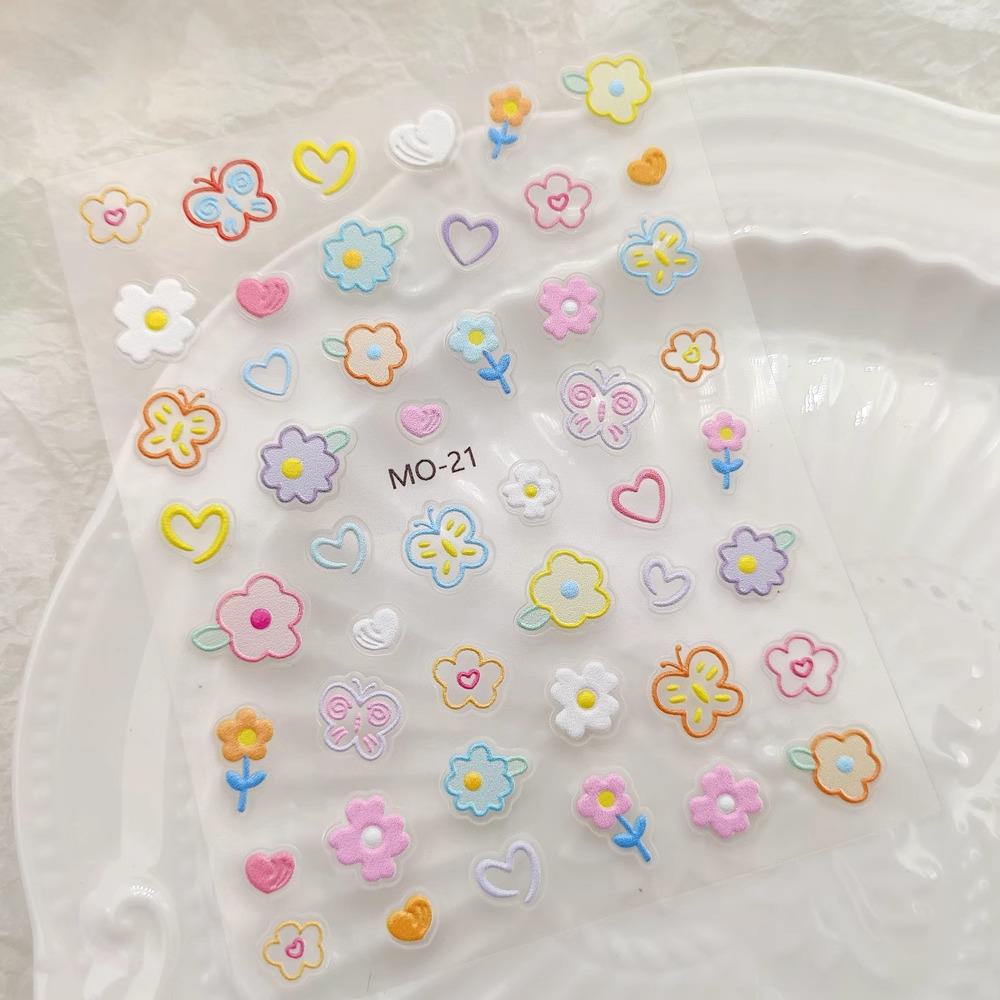 Embossed Nail Art Stickers: Flowers, Daisy, Cartoon, Tulips, Rabbit, Love, Butterfly Decals.