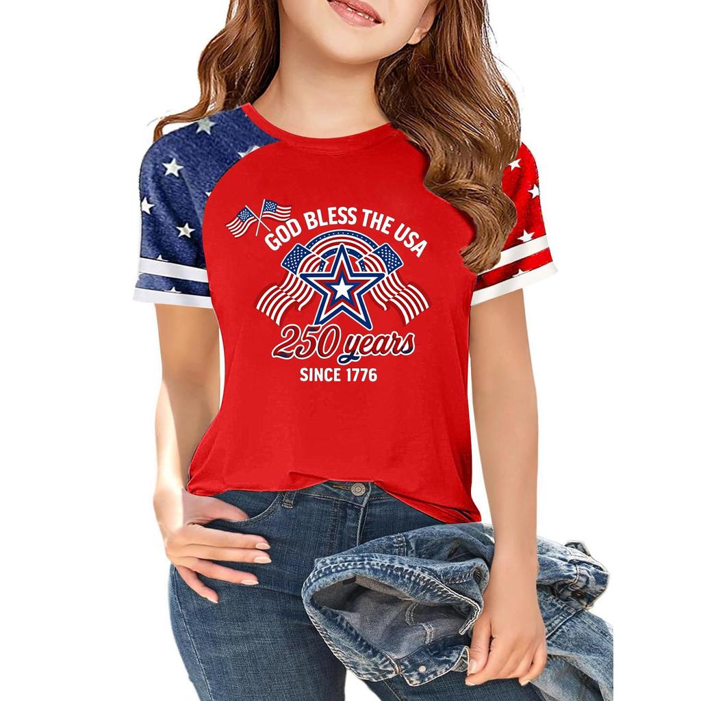 Kids Independence Day Graphic T-Shirt Short Sleeve Crew Neck Casual Tee with Patriotic Print and Star Pattern Sleeves for Boys and Girls