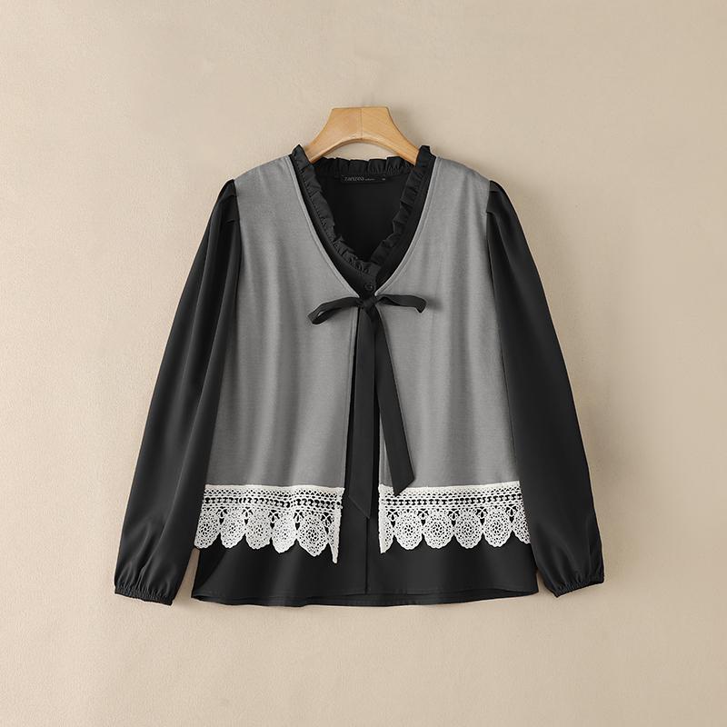 ZANZEA Women Casual V-Neck Fake Two Piece Splice Long Sleeve Blouse M чёрный