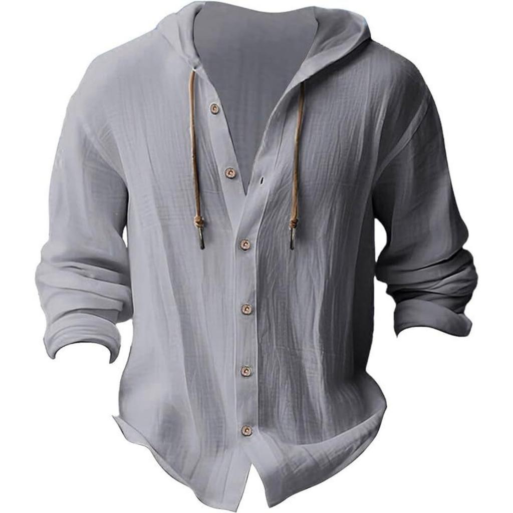 Spring and Summer Men's Hooded T-shirt Solid Color Cotton Linen Men's Casual Long Sleeved Top