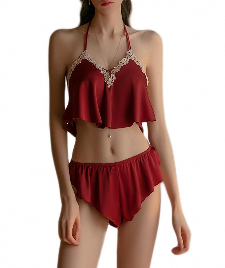 Babydoll Top and Bottom Cute Sexy Beautiful Sexy Bottom Set [Mqyzhx] Set, String, Satin, Lingerie, Underwear, Wear, Camisole, Shorts, 2-Piece (Wine