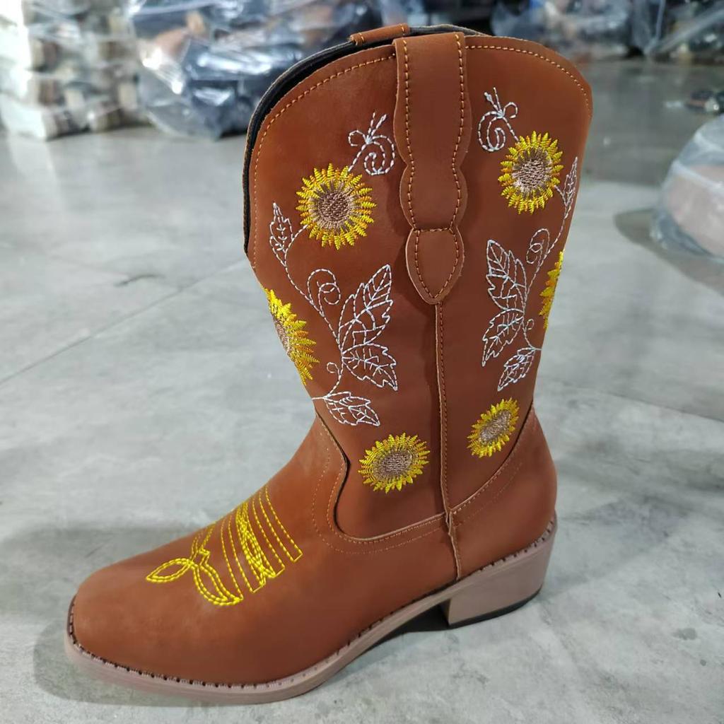 Fashion Women's PU Leather Printed Embroidered Boots Classic Casual High Top Sunflower Night High Heels Women's Boots
