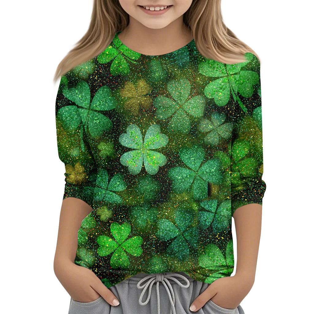 St. Patrick's Day Print Tops For Youth Girls 4-11 Years Round Neck 3/4 Sleeves T-Shirts Trendy Tops Outfit Tees
